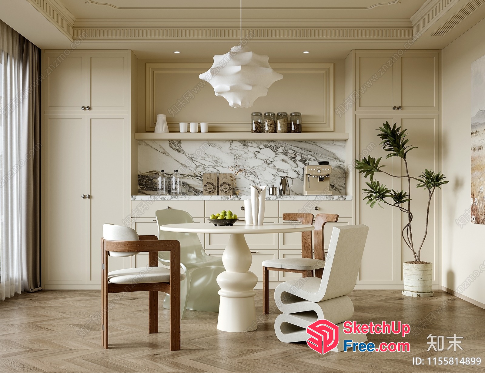 Elegant Creamy Style Dining Room With Classic Moulding 3D SketchUp File