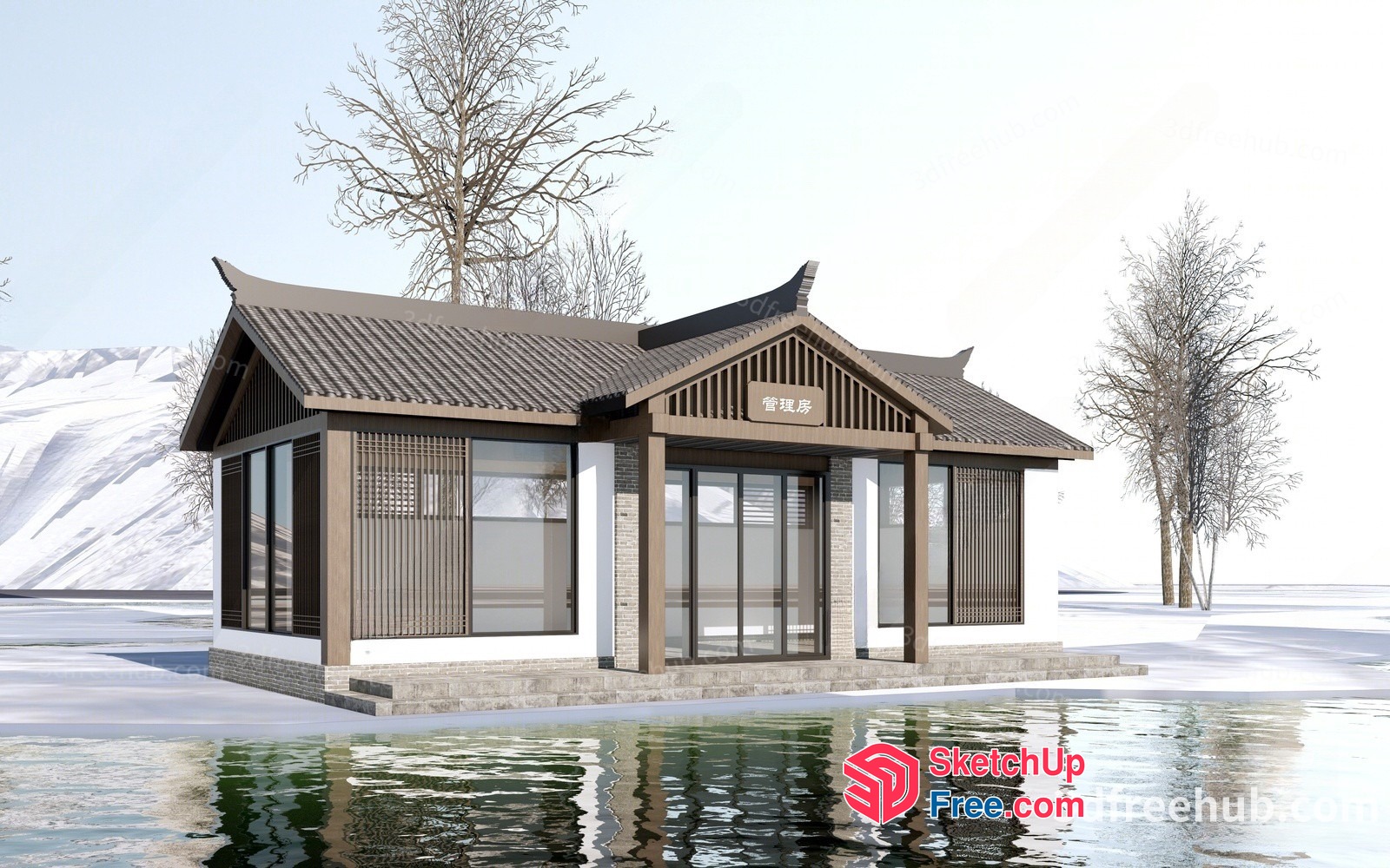 Asian-Style House Exterior With Snowy Landscape 3D SketchUp File