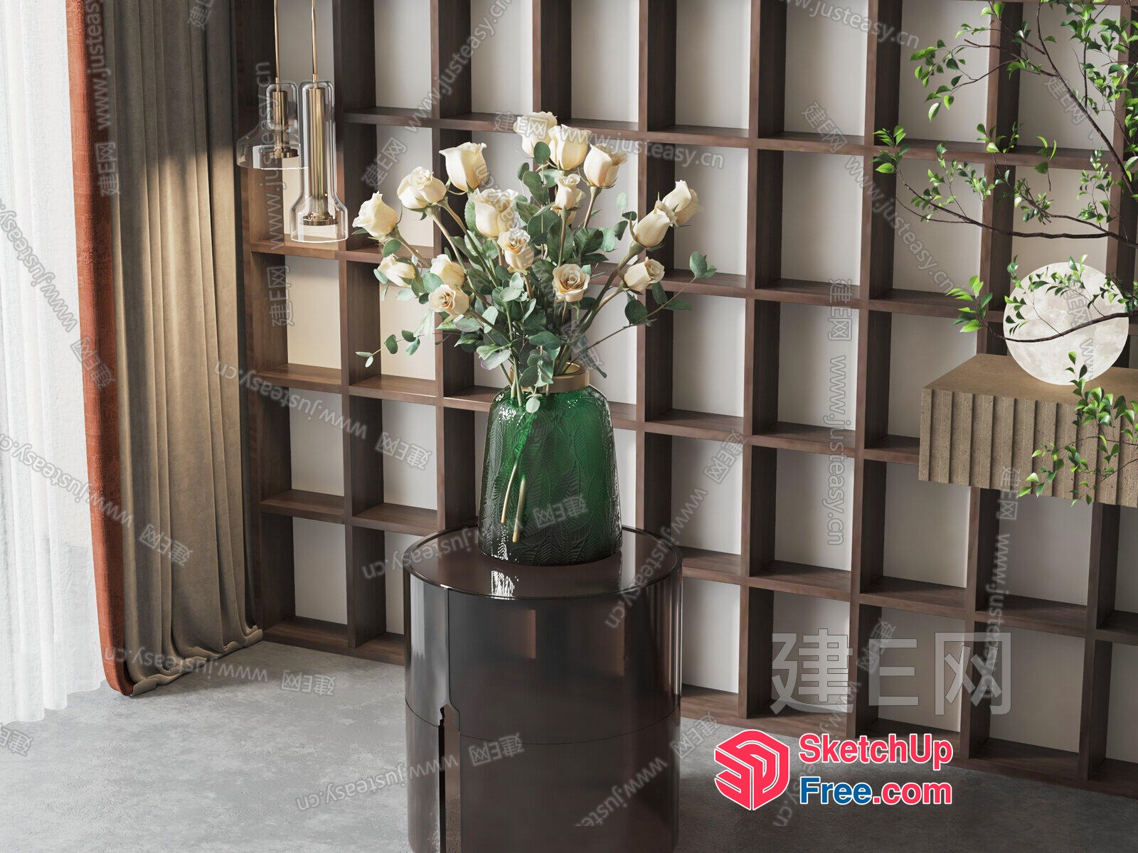 Modern Green Glass Vase With White Roses And Greenery 3D SketchUp File