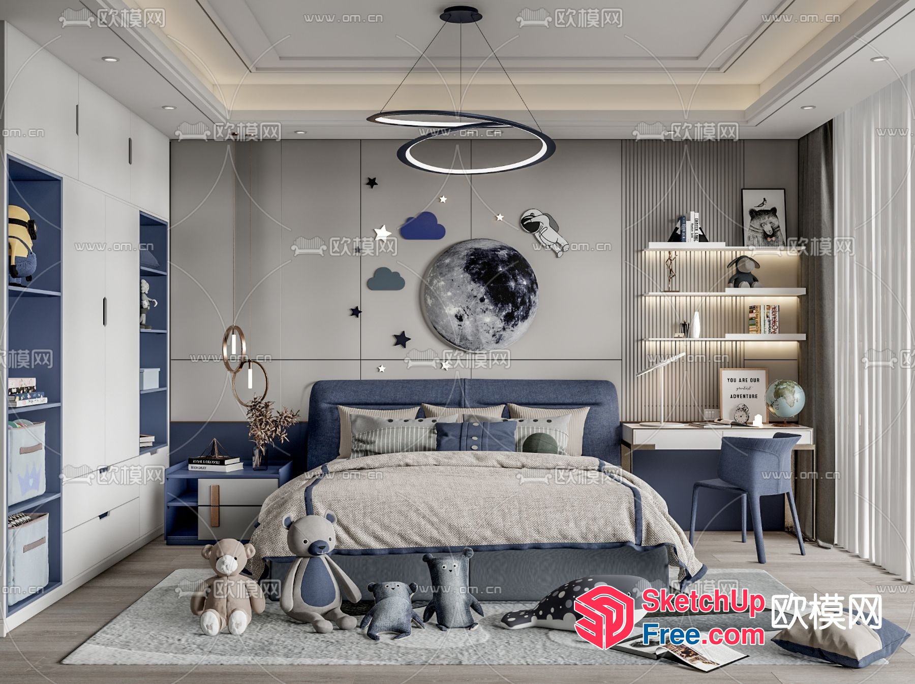 Modern Blue And White Bedroom With Moon And Stars Decor 3D SketchUp File