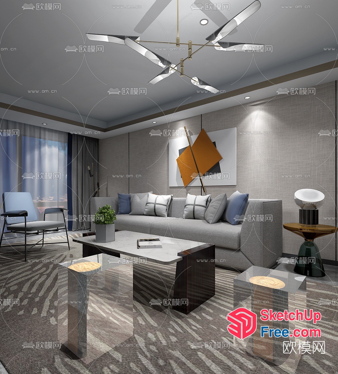 Modern Living Room With Neutral Color Scheme And Abstract Art 3D SketchUp File