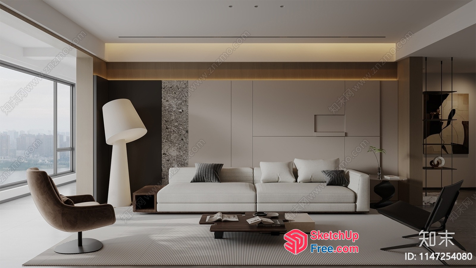 Modern Minimalist Living Room With White Sofa And Large Window 3D SketchUp File