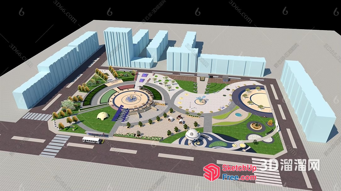 Aerial View Of A Commercial Street With A Park And Buildings 3D SketchUp File