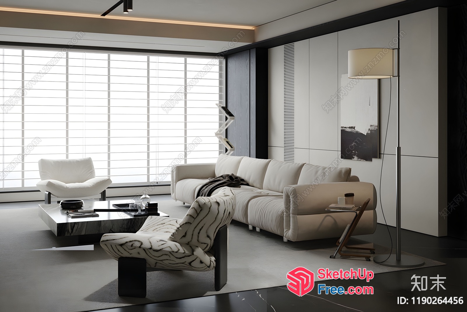 Elegant Modern Living Room With White Furniture And Large Windows 3D SketchUp File
