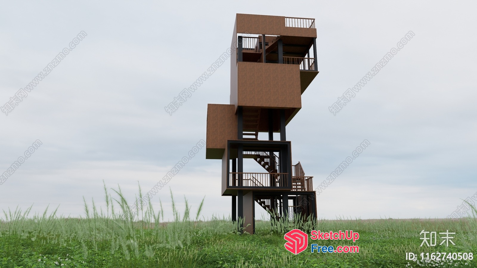 Brown Modernist Stairway To Multiple Balconies 3D SketchUp File