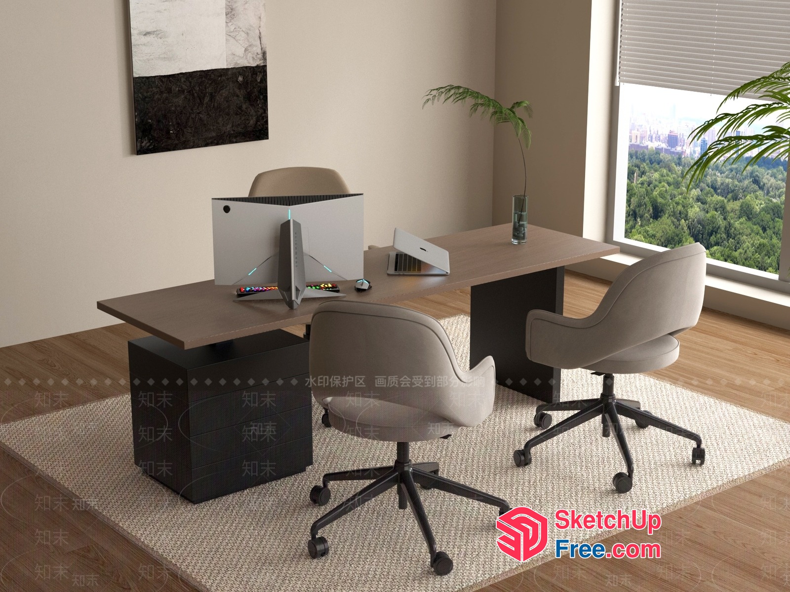 Modern Office Space With Wooden Desk And Computer Monitor 3D SketchUp File