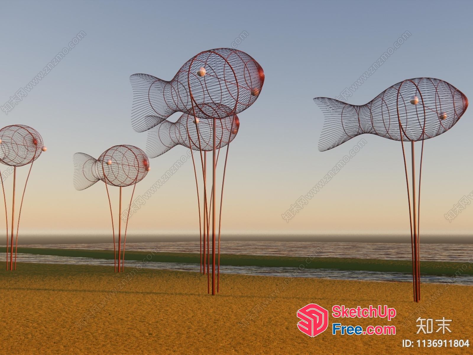 Wire-Framed Fish Sculptures On The Beach 3D SketchUp File