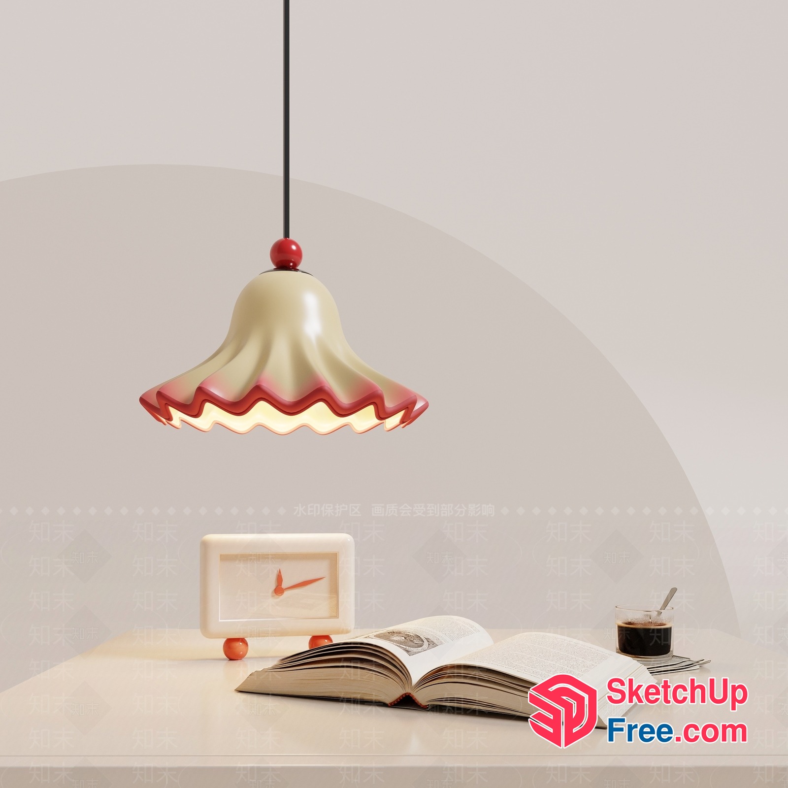 Creamy Style Hanging Lamp With Red Accents 3D SketchUp File