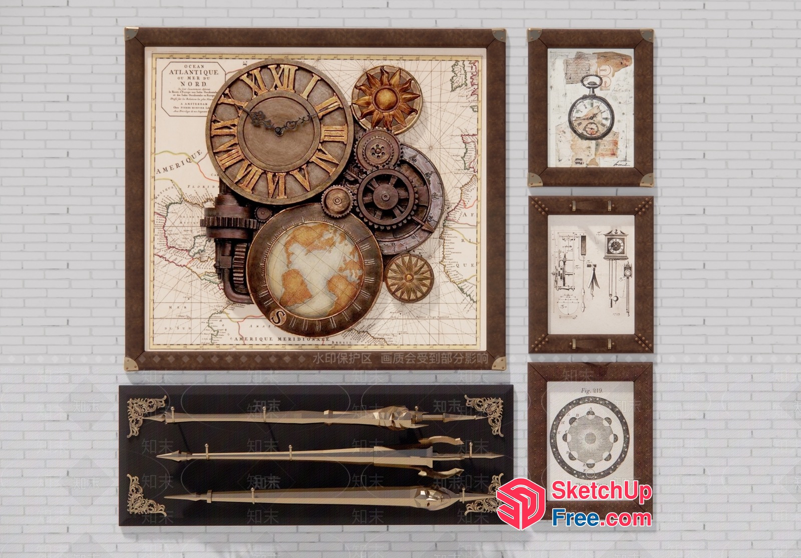 Vintage Timepiece And Map Decorative Art 3D SketchUp File