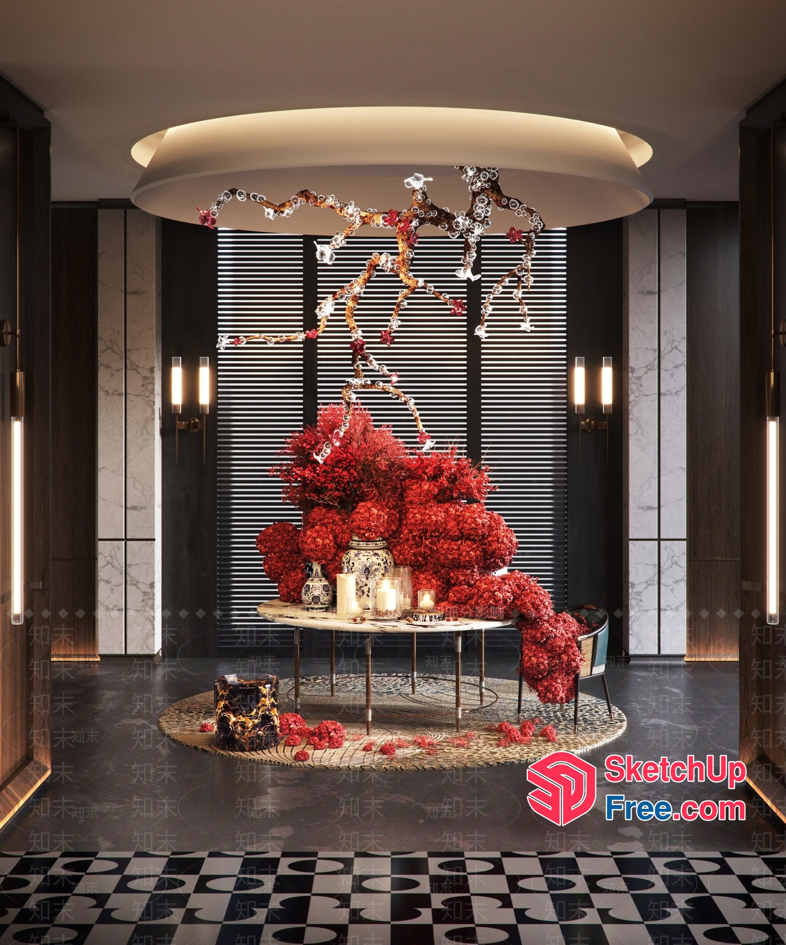 Lavish Red Floral Arrangement In Modern Room 3D SketchUp File