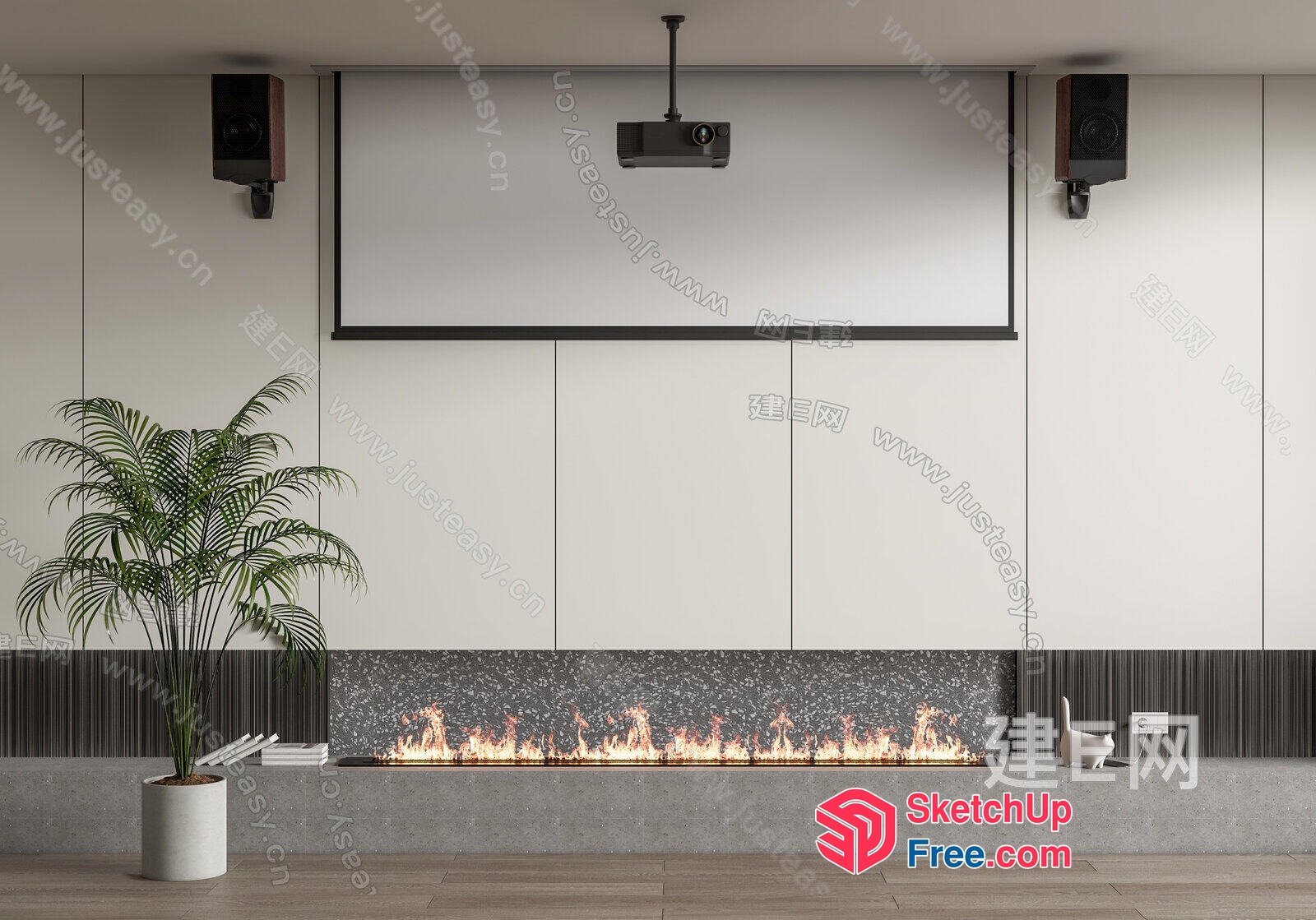 Modern Fireplace With Projector And Speakers 3D SketchUp File