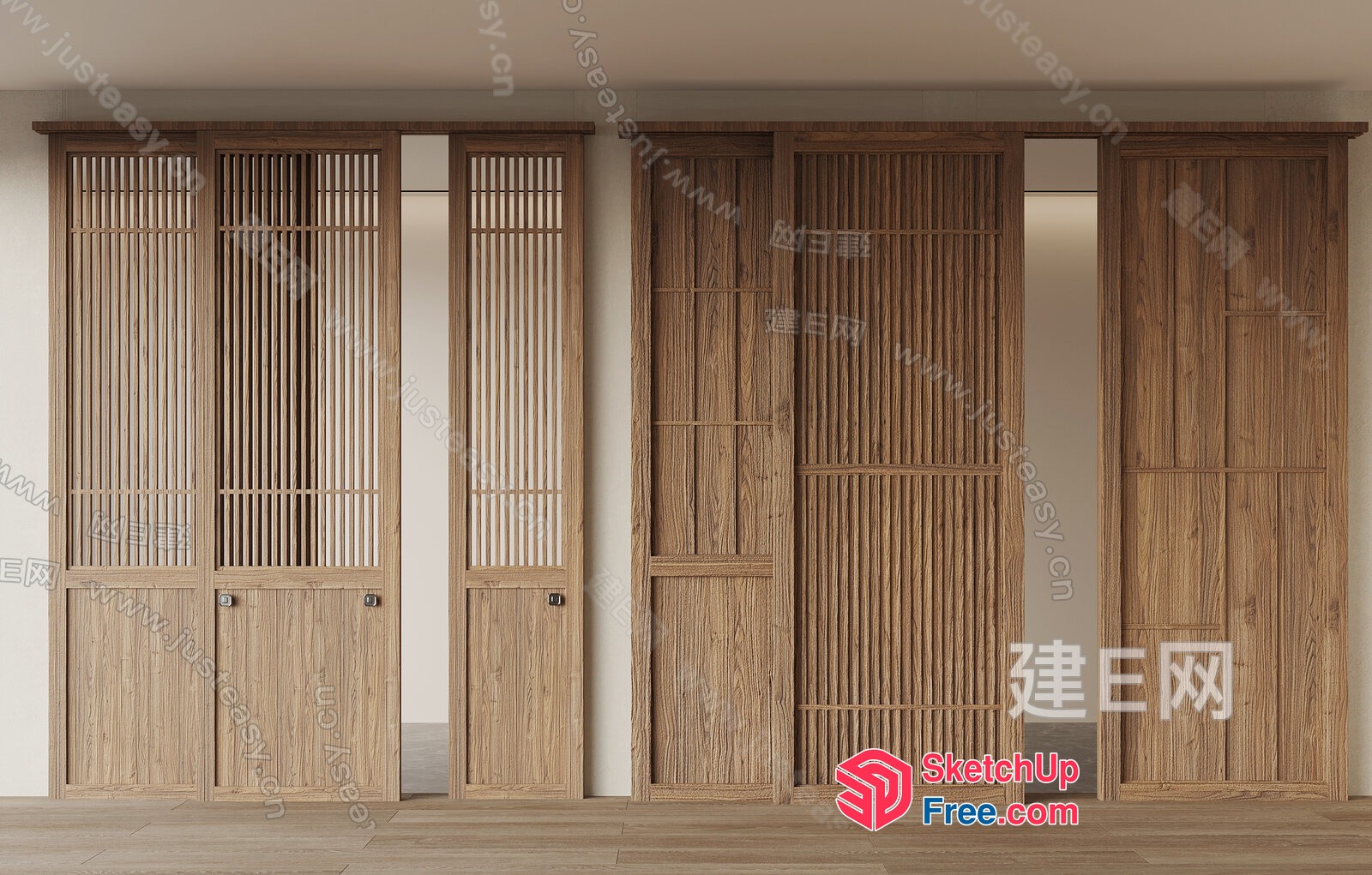 Wooden Sliding Door With Vertical Slats And Natural Wood Tone 3D SketchUp File