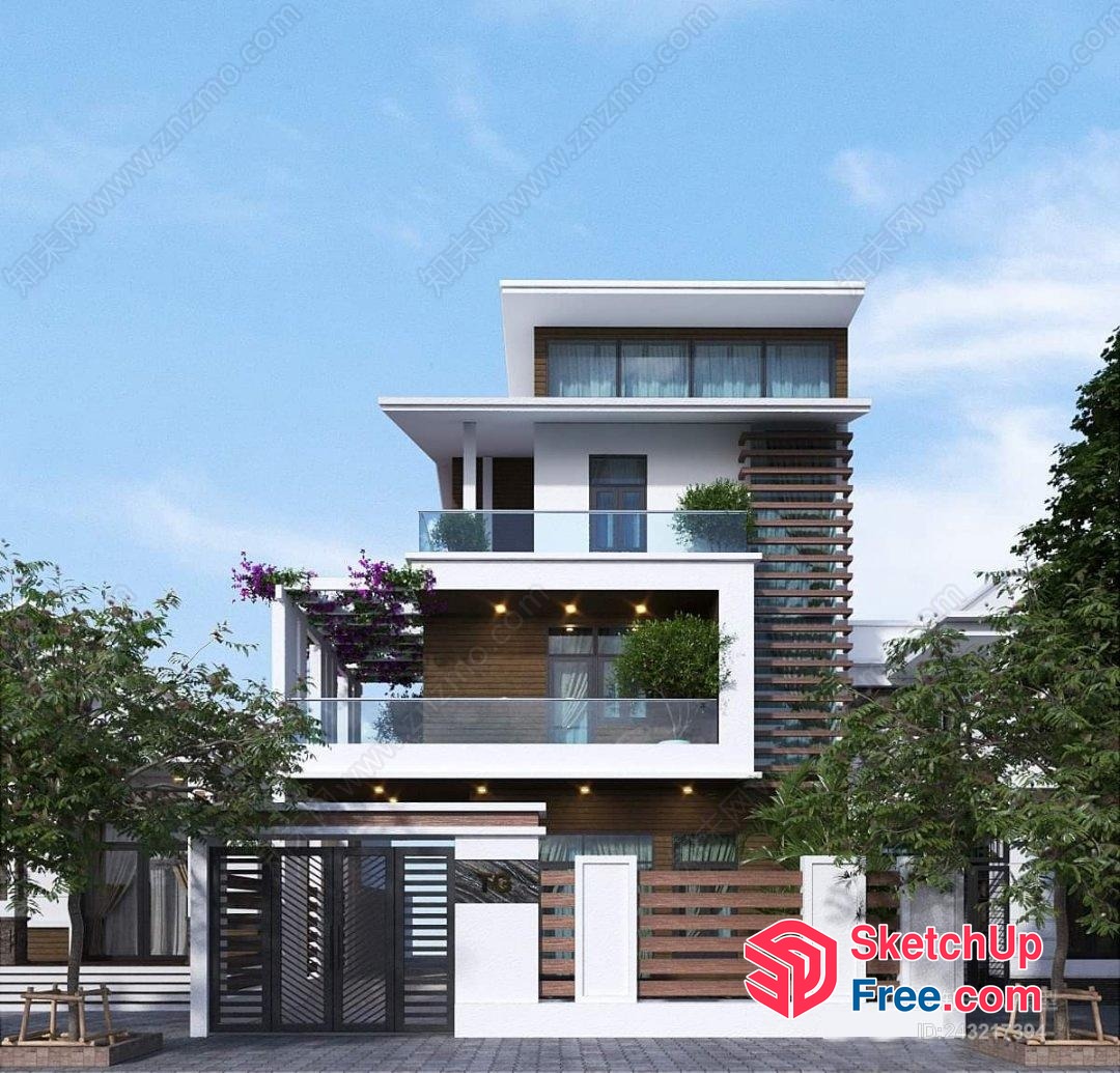 Modern Villa Exterior With Balcony And Stairway 3D SketchUp File