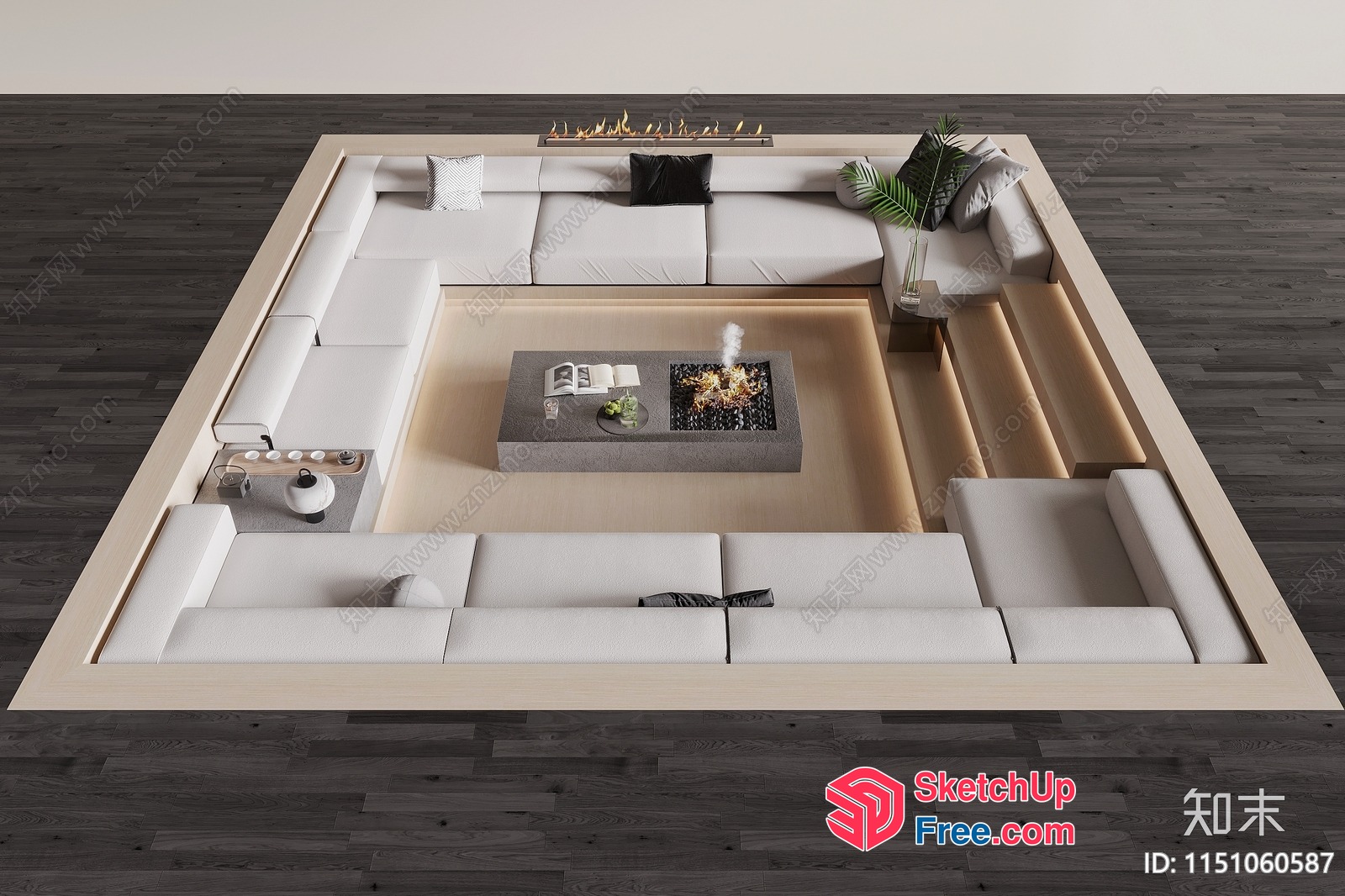 Modern Minimalist White Sofa Set With Fireplace 3D SketchUp File