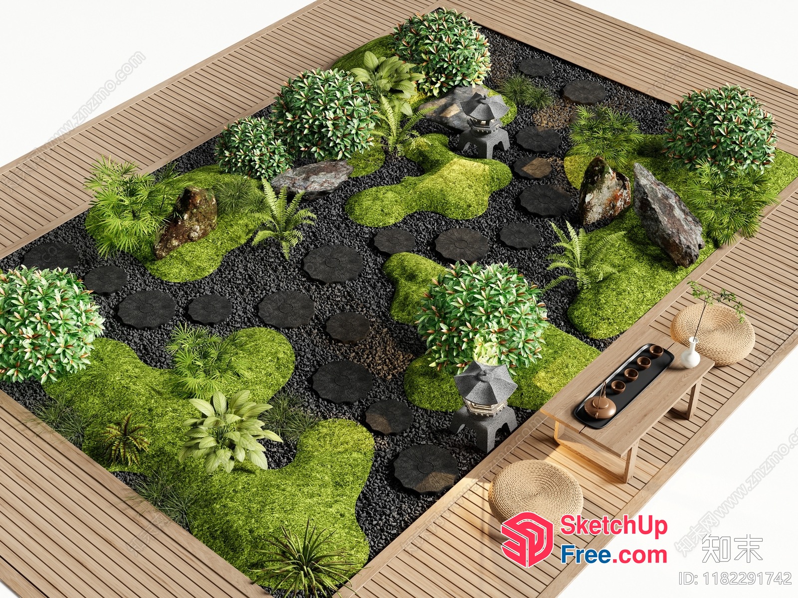 Japanese Style Garden With Traditional Lanterns And Moss 3D SketchUp File