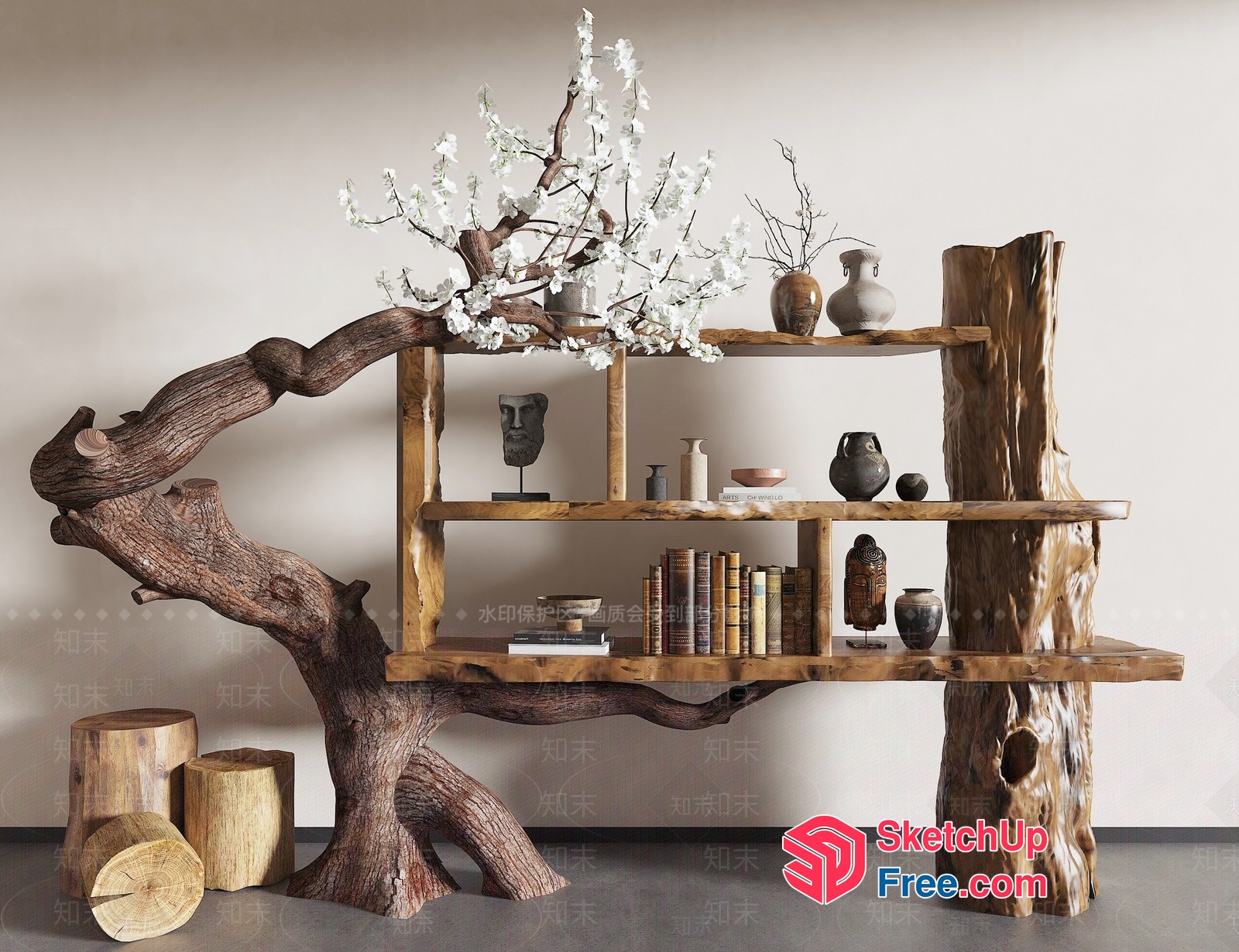 Rustic Wood Shelf With Unique Tree Trunk Design 3D SketchUp File
