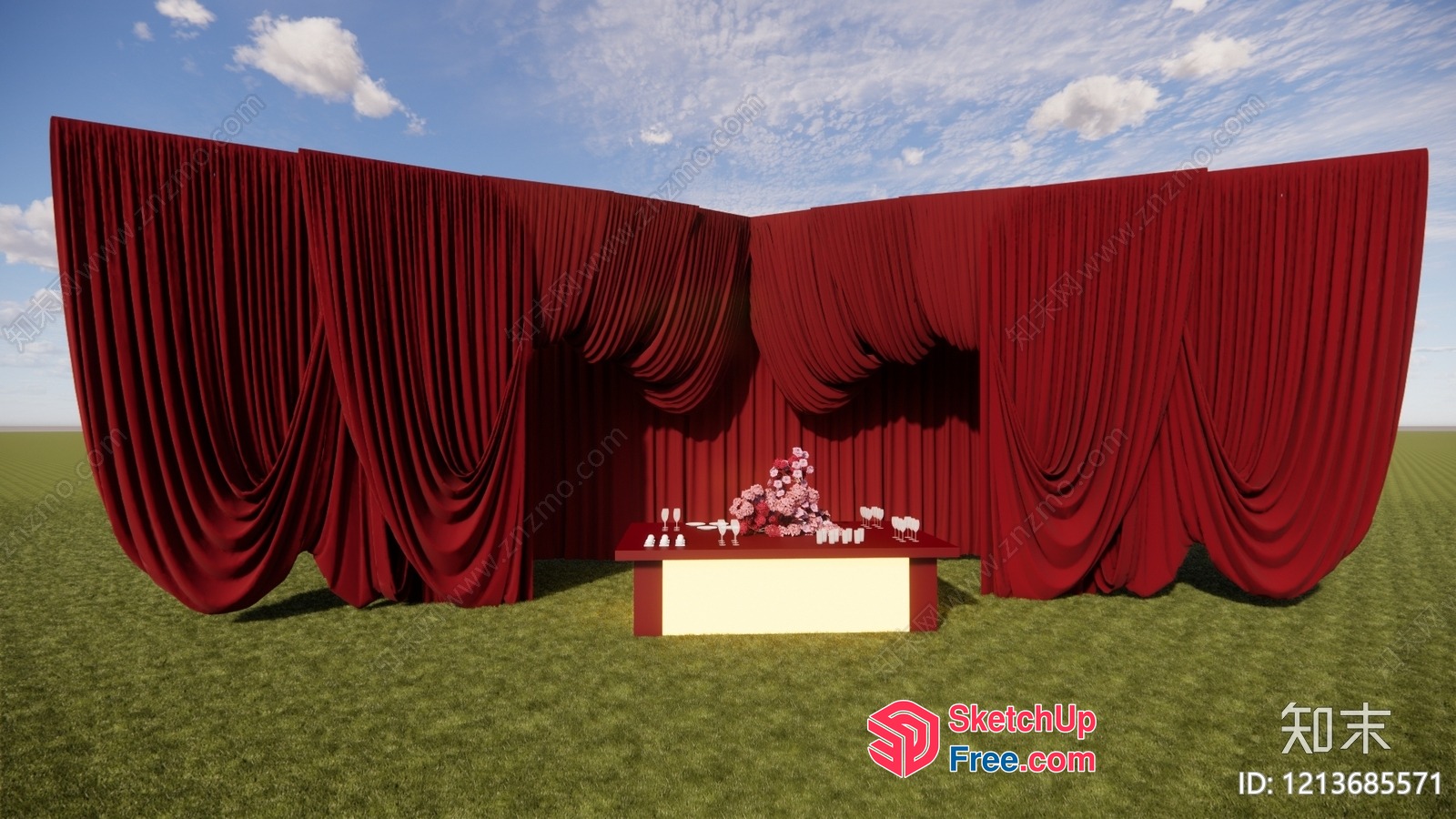 Red Curtain Backdrop With Table And Drinkware 3D SketchUp File