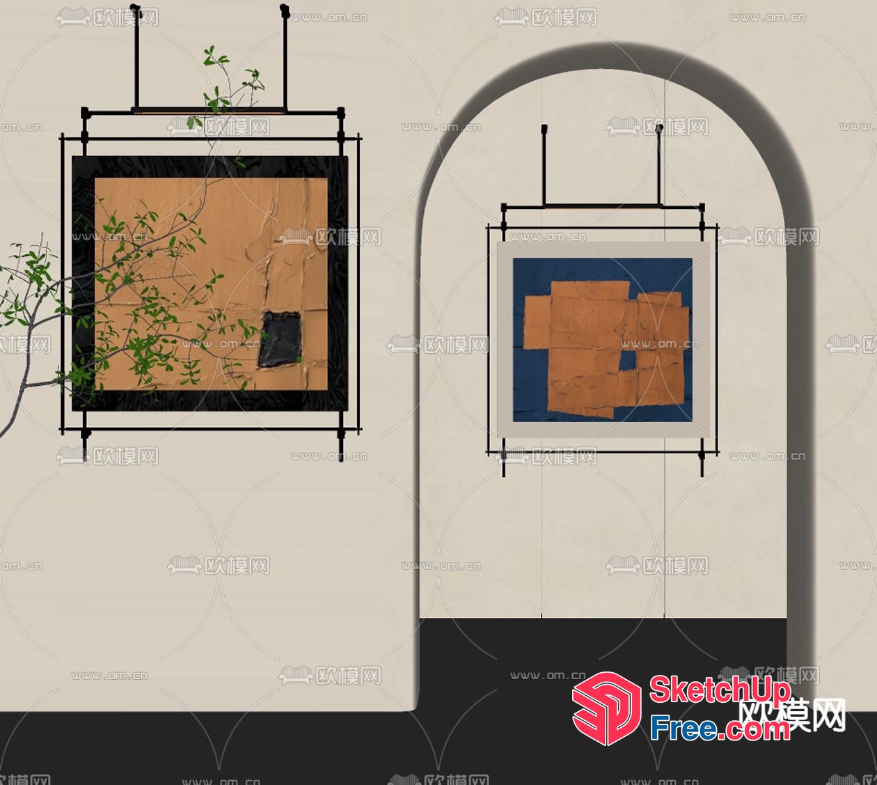 Two Square Hanging Art Pieces With Plants And Arched Background 3D SketchUp File