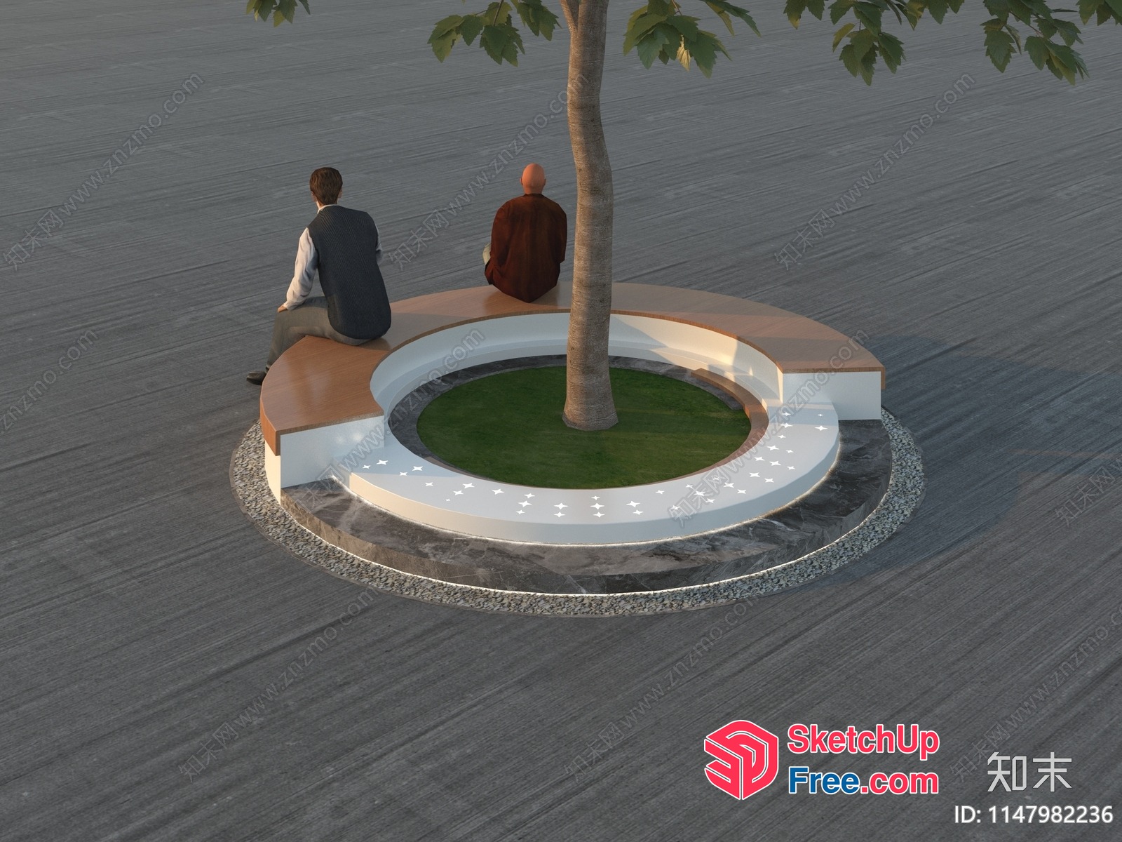 Two Men And A Tree In A Circular Outdoor Seating Area 3D SketchUp File