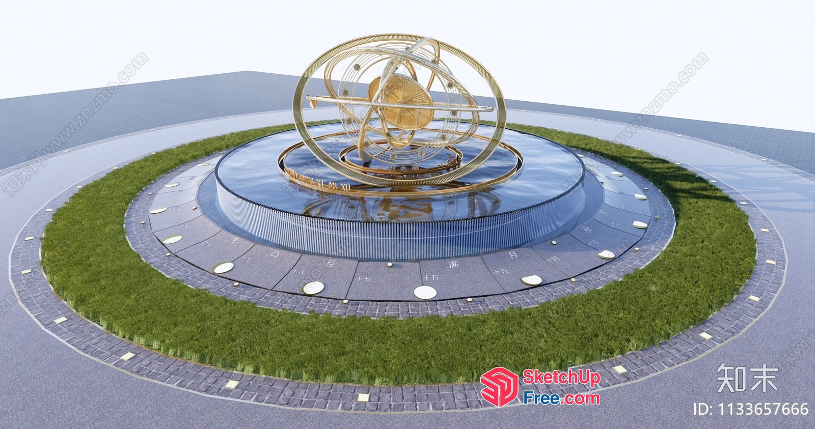 Elegant Gold Armillary Sphere Sculpture On Circular Platform 3D SketchUp File