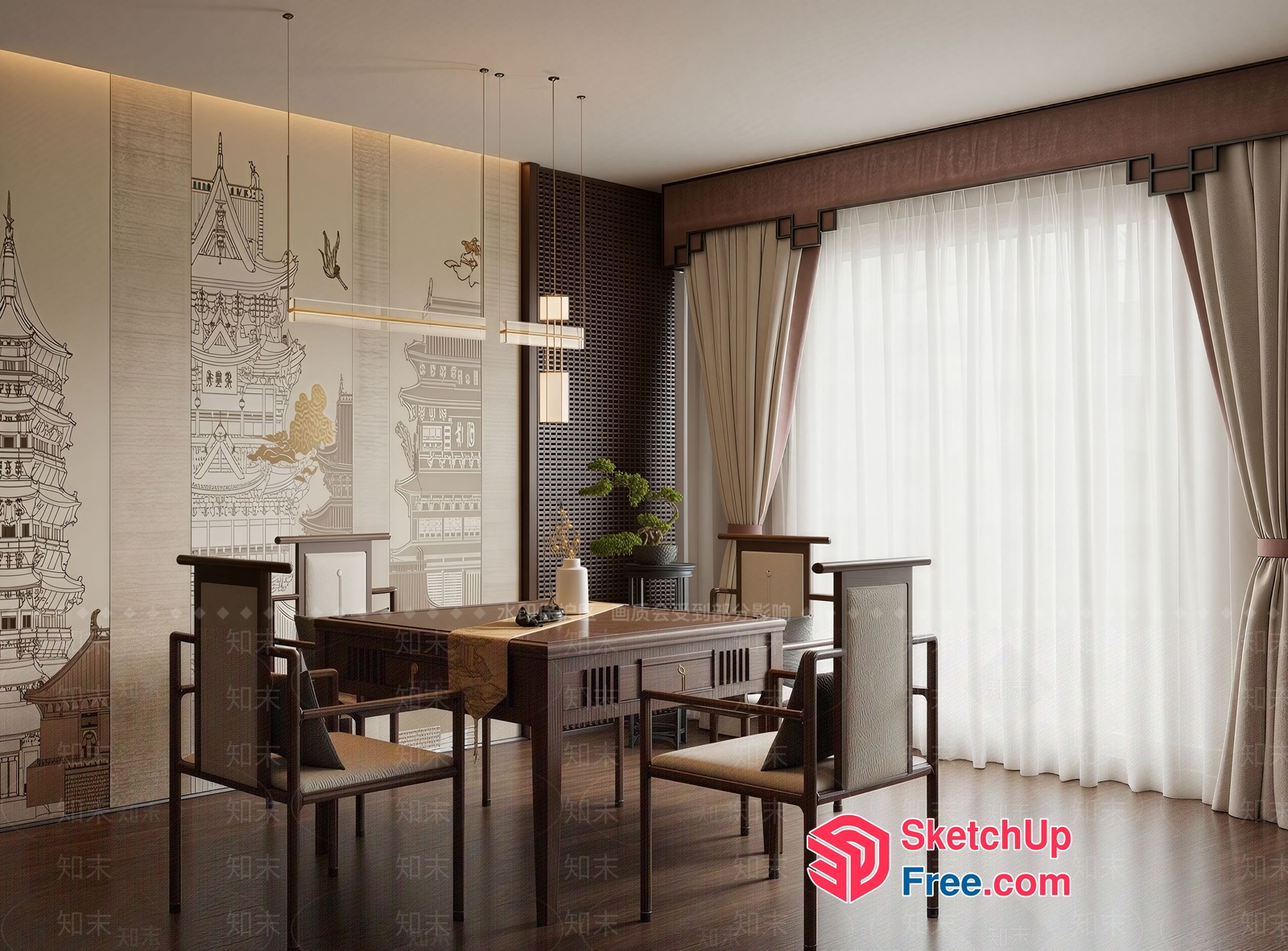 Asian-Inspired Dining Room With Traditional Decor 3D SketchUp File