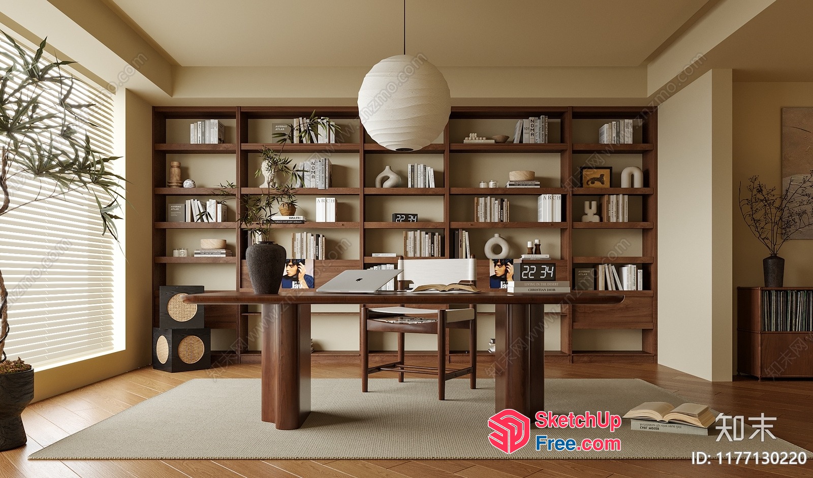 Elegant Minimalist Home Office With Wood Bookshelves And Desk 3D SketchUp File