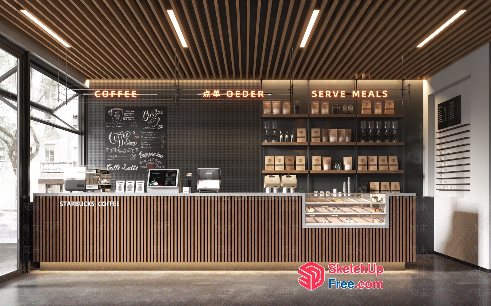 Modern Coffee Shop Interior With Wooden Accents 3D SketchUp File