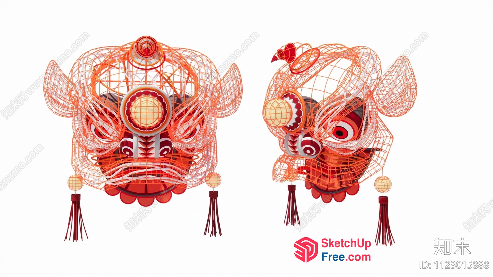 Intricate Red And White Wireframe Lion Head Lanterns 3D SketchUp File