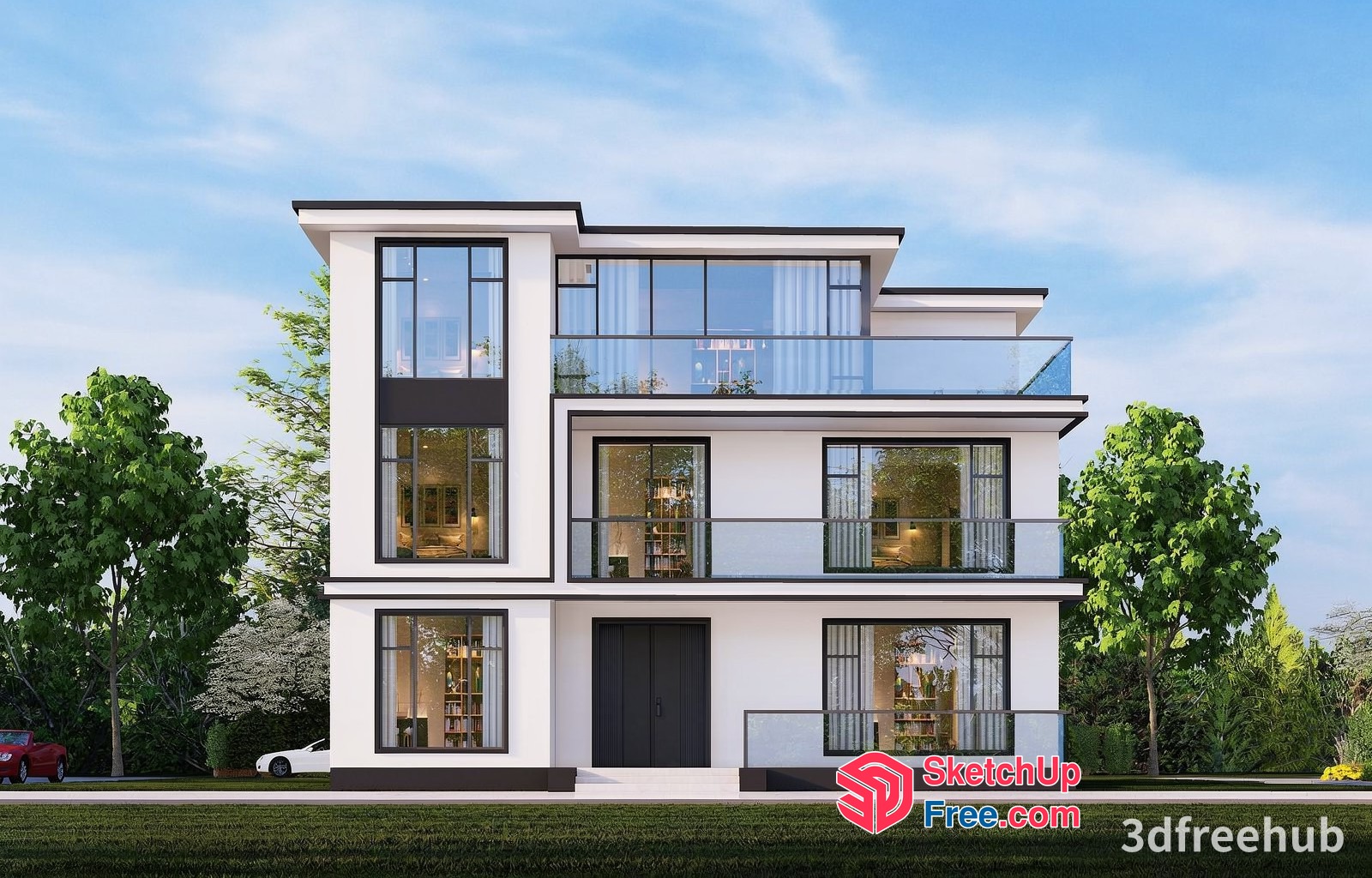 Modern Villa Exterior With Balconies And Large Windows 3D SketchUp File