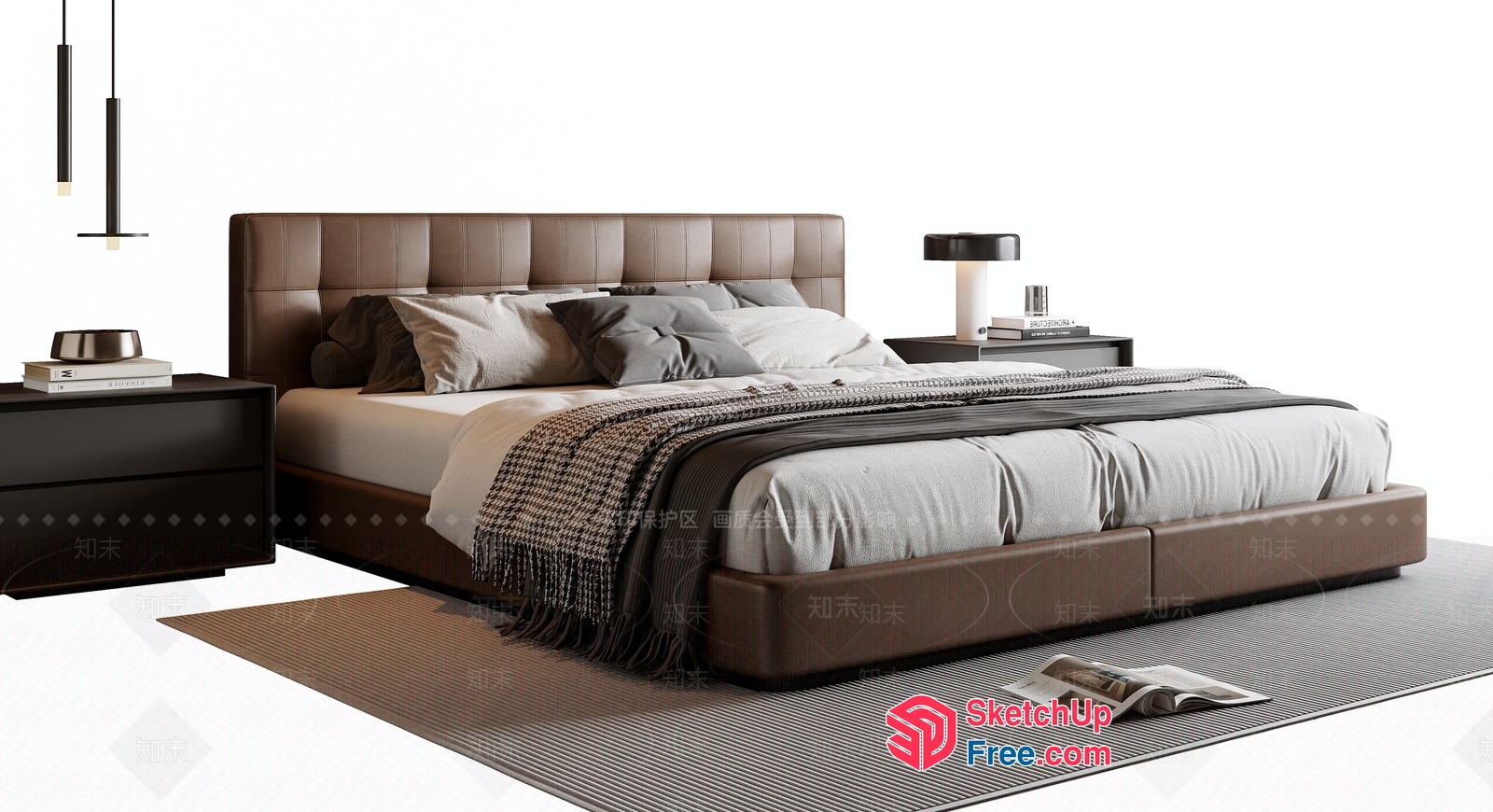 Modern Minimalist Bedroom With Brown Leather Bed 3D SketchUp File