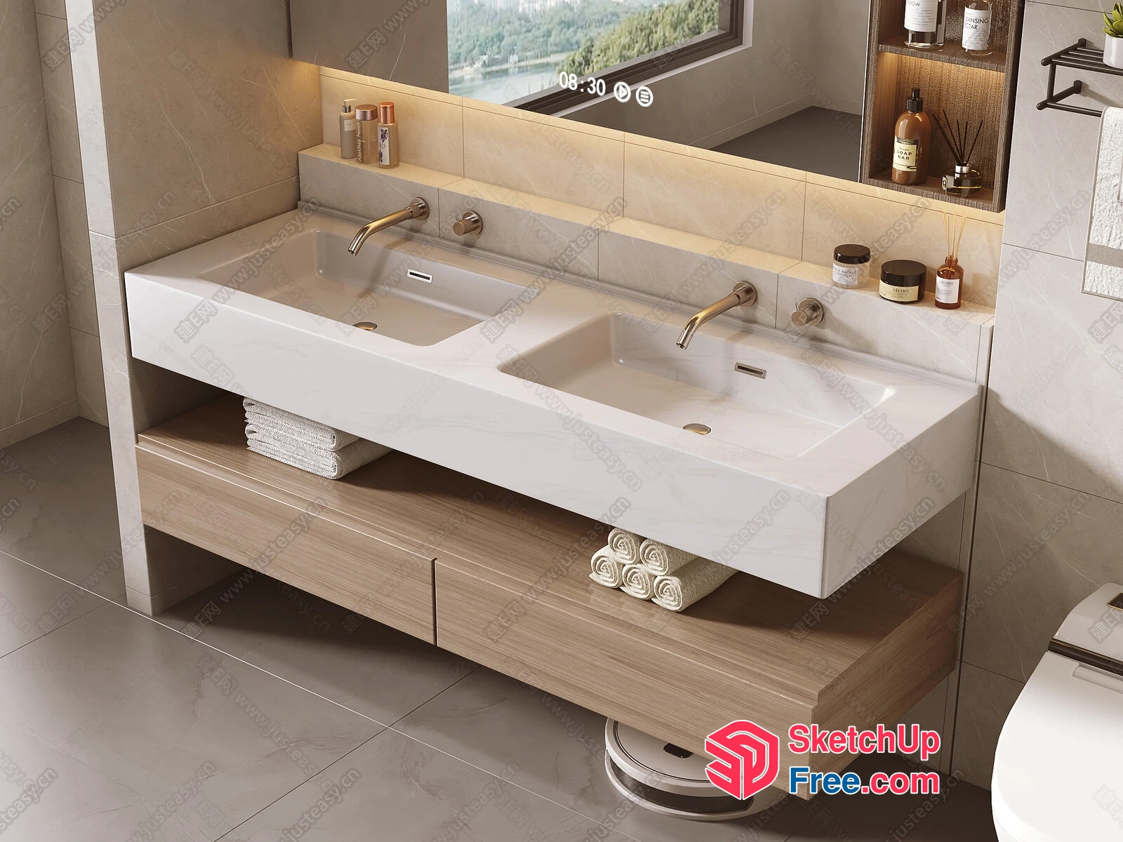 Modern Bathroom Vanity With Two Sinks And Natural Wood Accents 3D SketchUp File