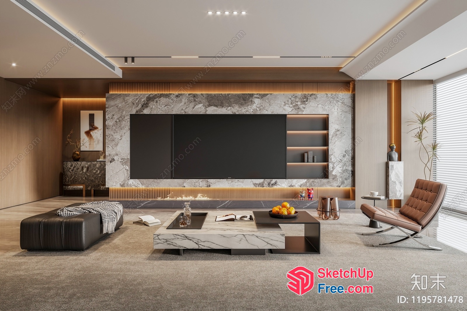 Modern Living Room With Large Tv And Marble Accents 3D SketchUp File