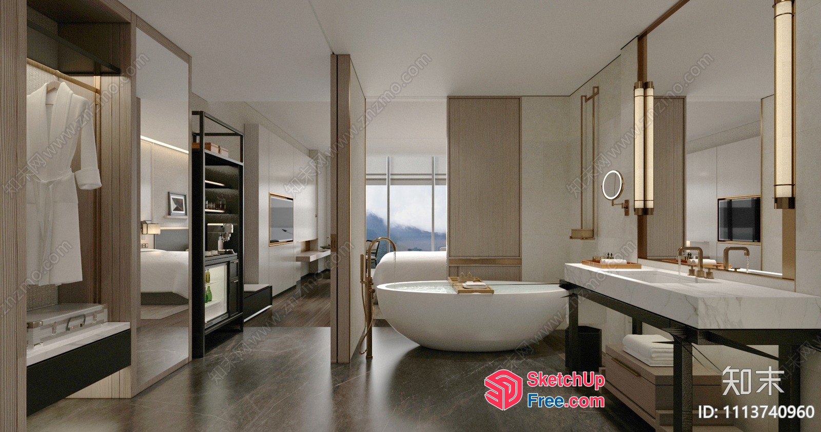 Modern Luxury Hotel Room With Bathtub And Marble Sink 3D SketchUp File