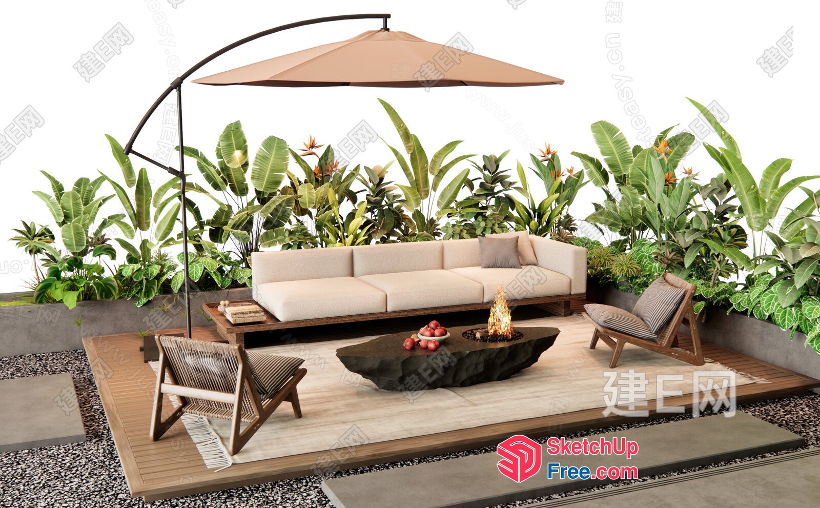Exotic Outdoor Living Space With Lush Plants And Cozy Seating 3D SketchUp File