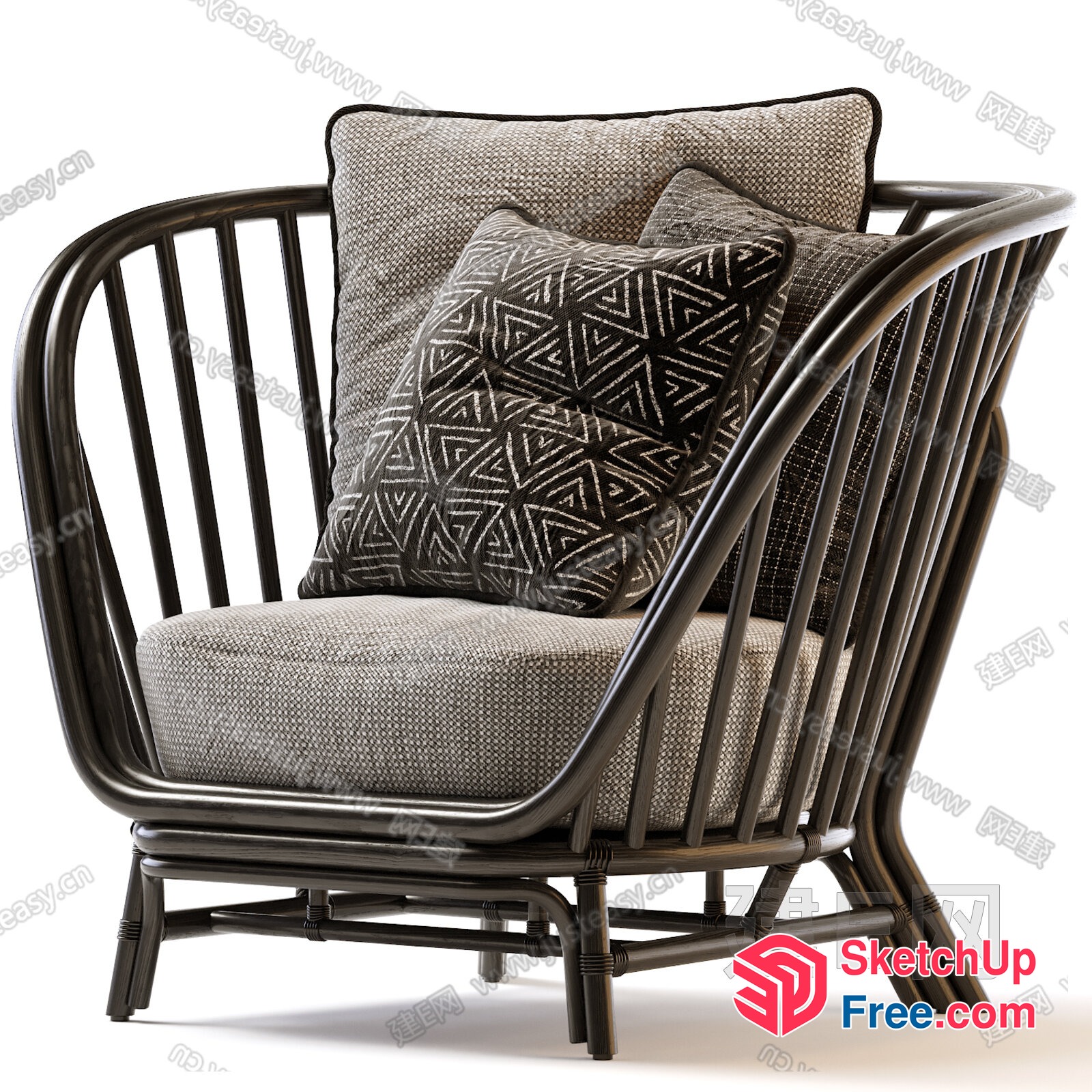 Stylish Rattan Chair With Geometric Pattern Pillows 3D SketchUp File