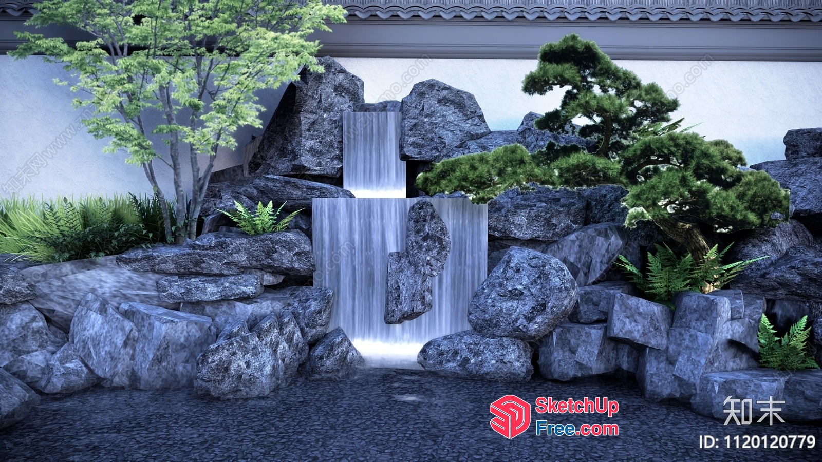 Japanese Style Waterfall And Rockery Scene 3D SketchUp File
