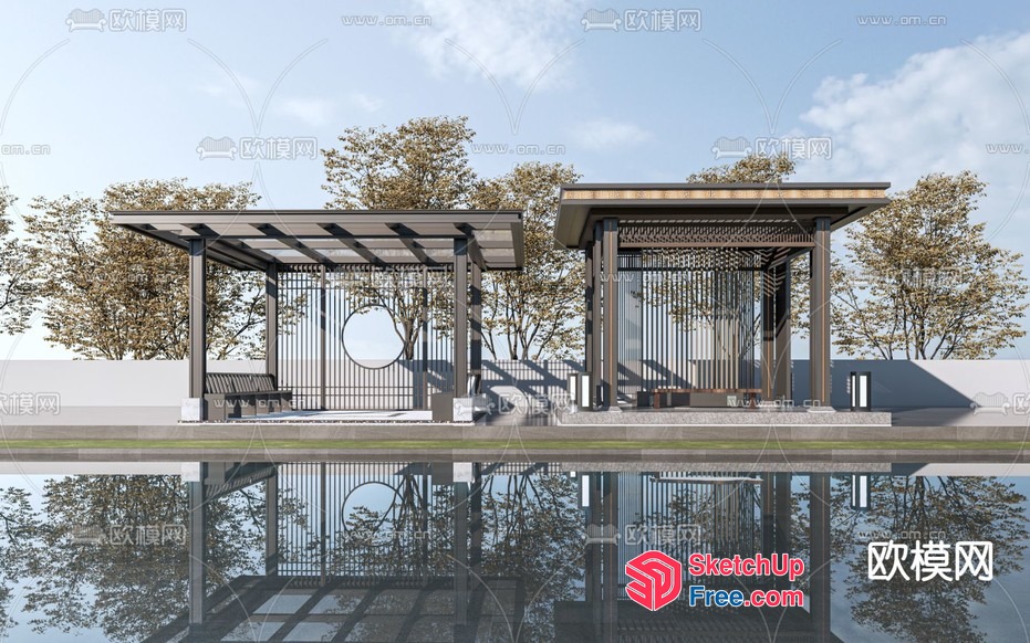 Asian-Inspired Outdoor Pavilion With Water Feature 3D SketchUp File