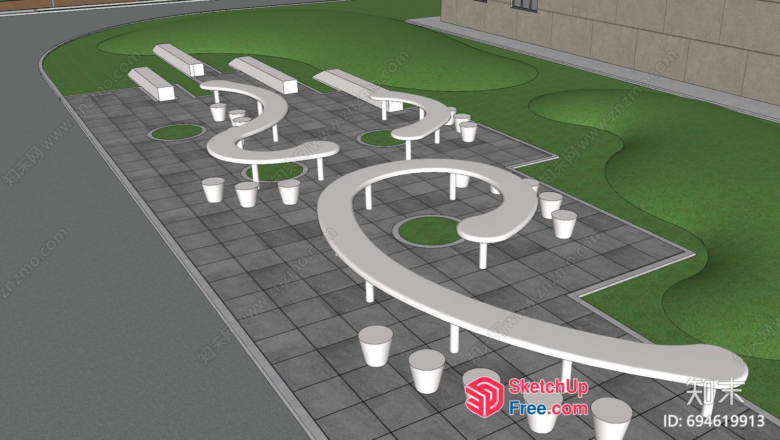 Outdoor Furniture Arrangement With Curved Paths And Benches 3D SketchUp File