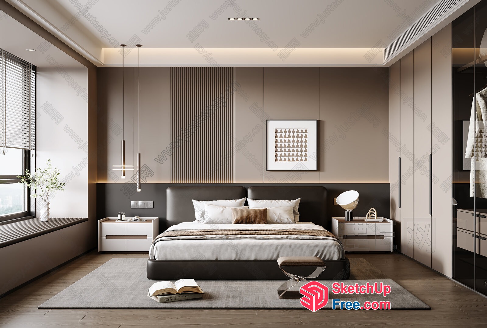 Modern Minimalist Bed And Nightstand Arrangement 3D SketchUp File