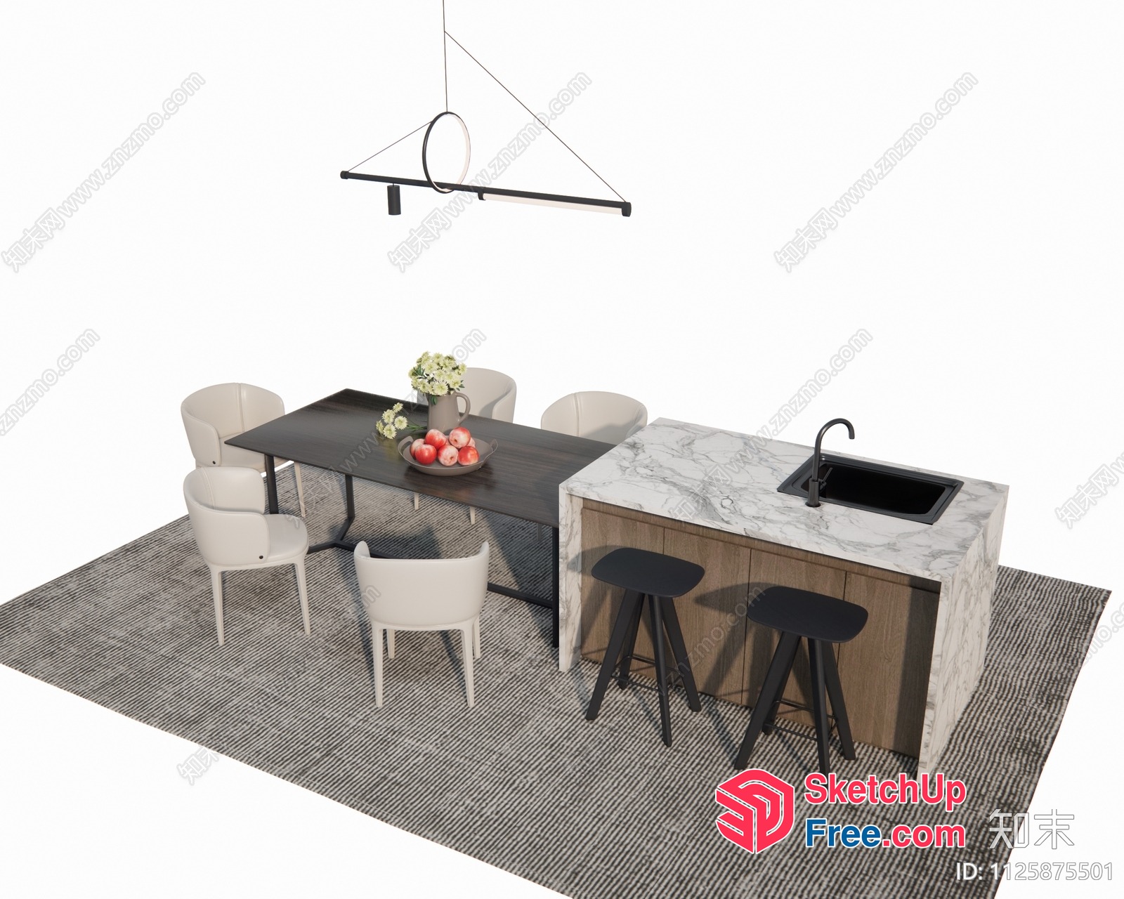 Minimalist Dining Room With Modern Kitchen Island 3D SketchUp File
