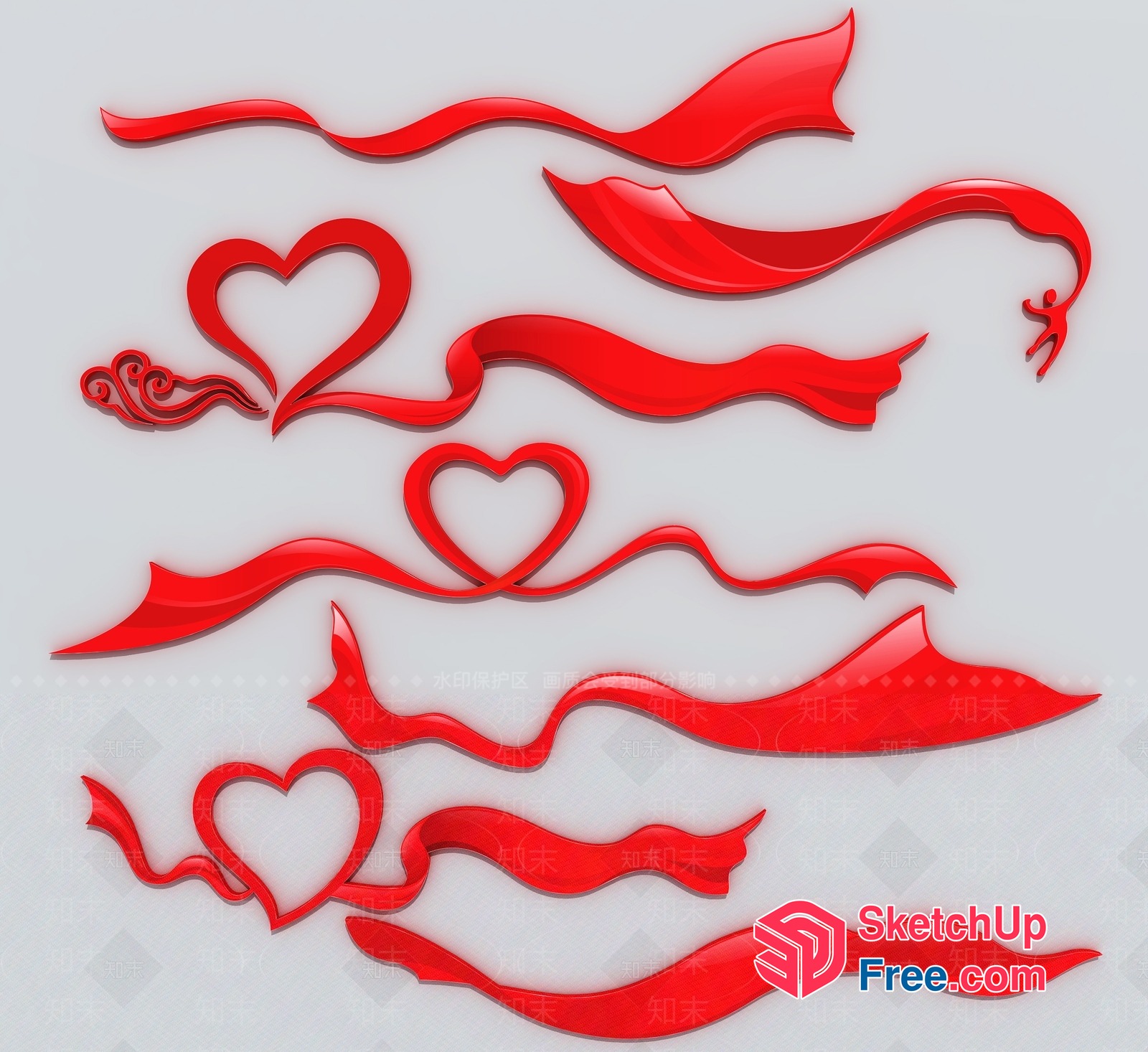 Red Heart And Ribbon Decorations 3D SketchUp File