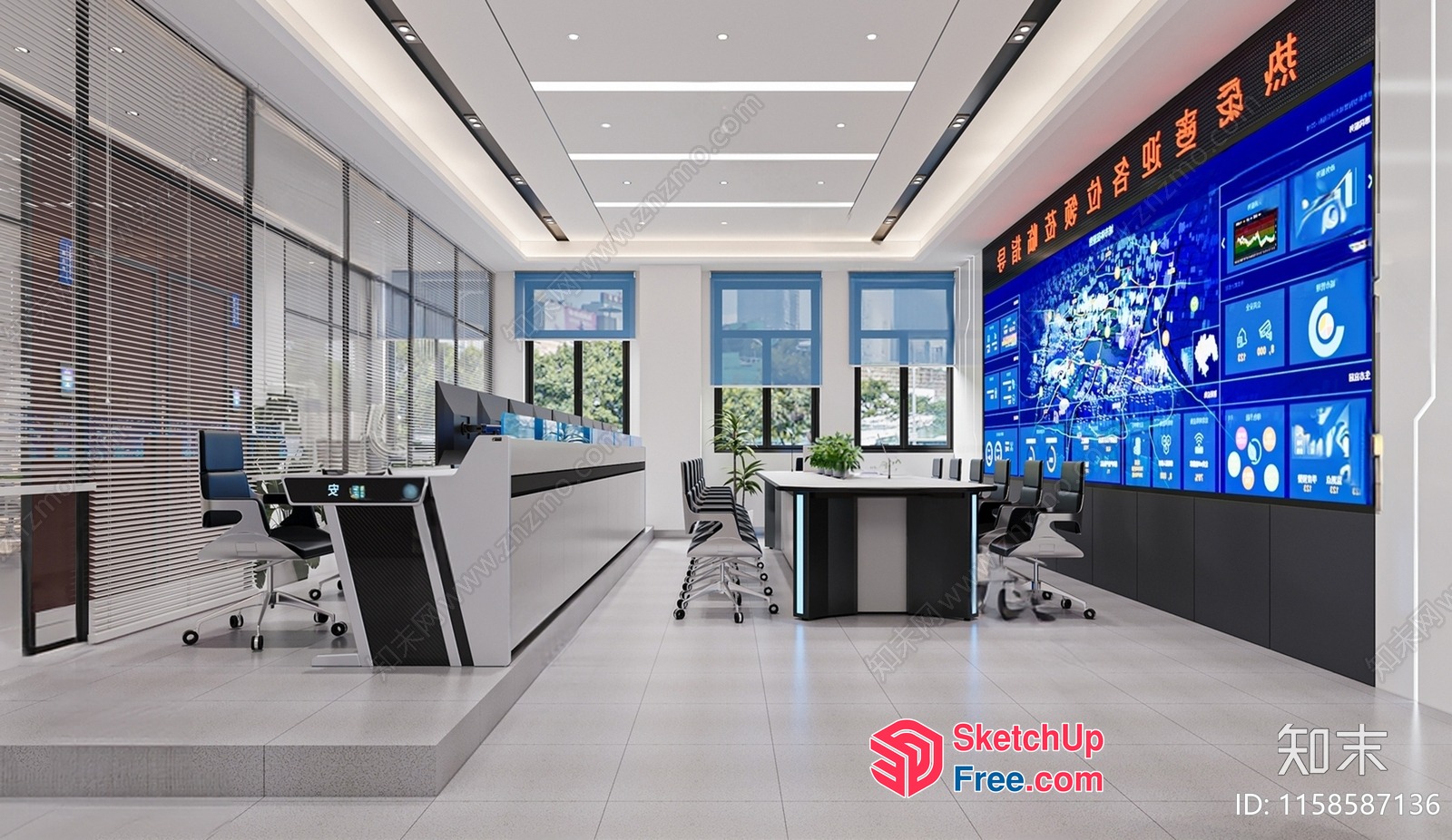 Modern Office Interior With Glass Curtain Wall And Blue Display Wall 3D SketchUp File