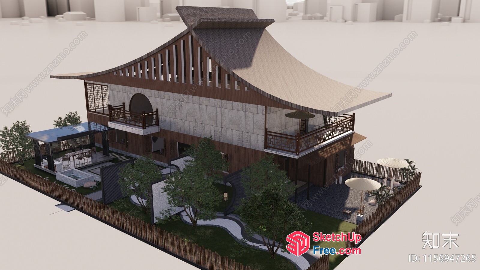 Traditional Japanese-Inspired Building With Balconies And Stairs 3D SketchUp File