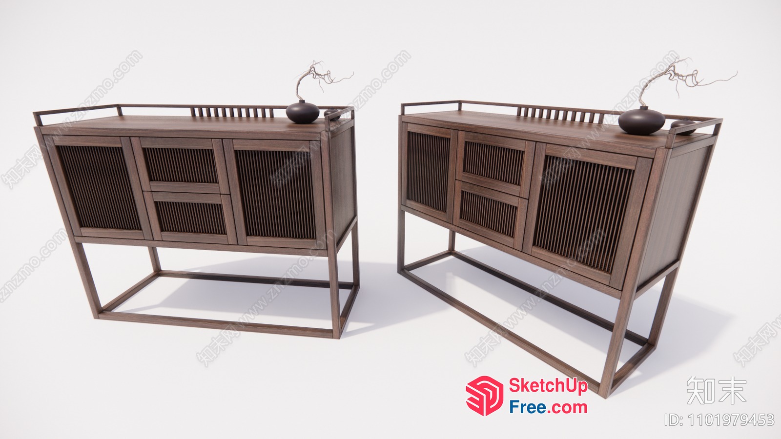 Asian-Inspired Wooden Furniture Set With Unique Decor 3D SketchUp File
