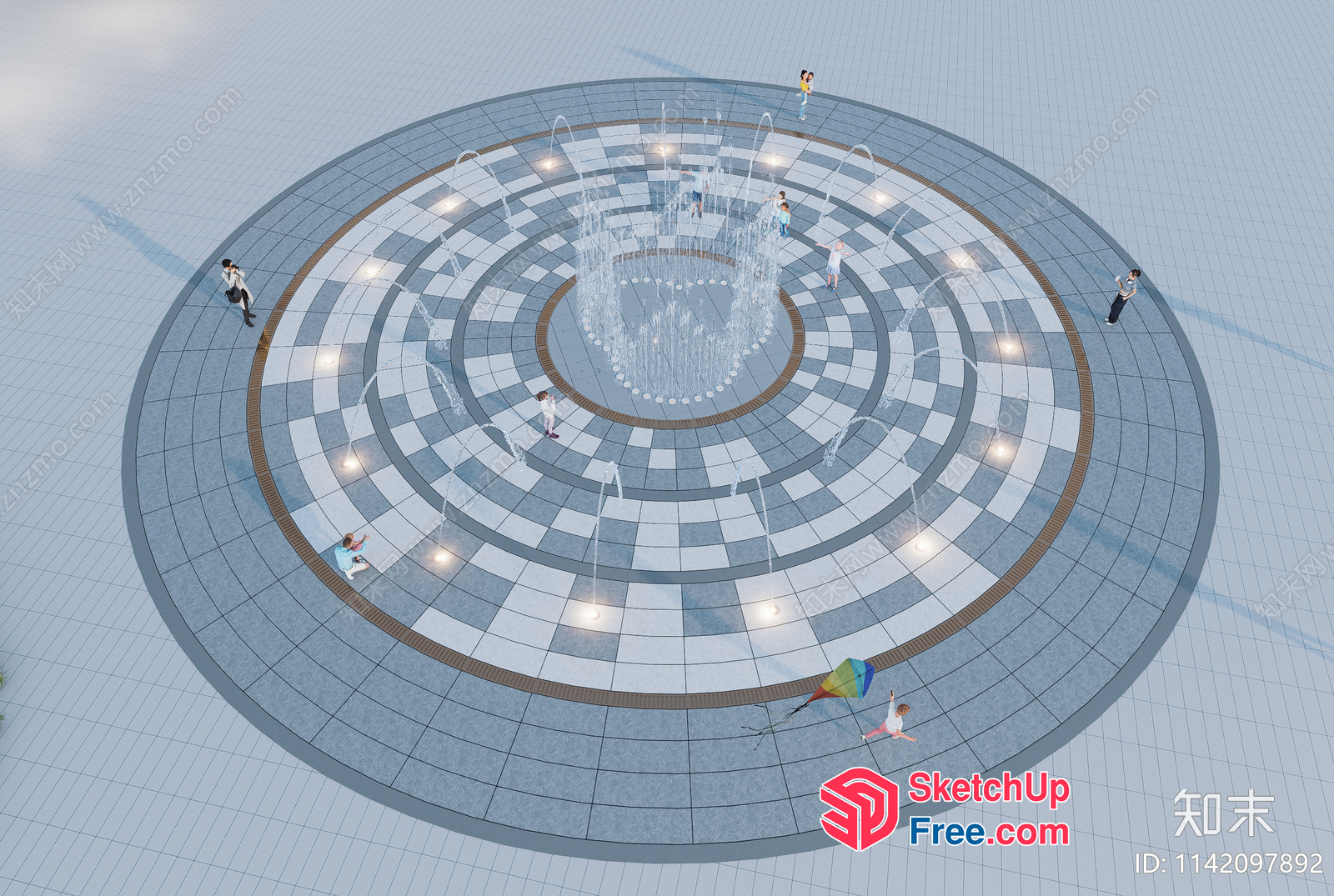 Large Circular Building With Spiral Pattern And Fountains 3D SketchUp File
