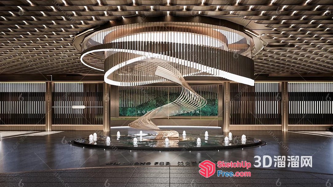 Modern Spiral Staircase With Fountains And Large Chandelier 3D SketchUp File