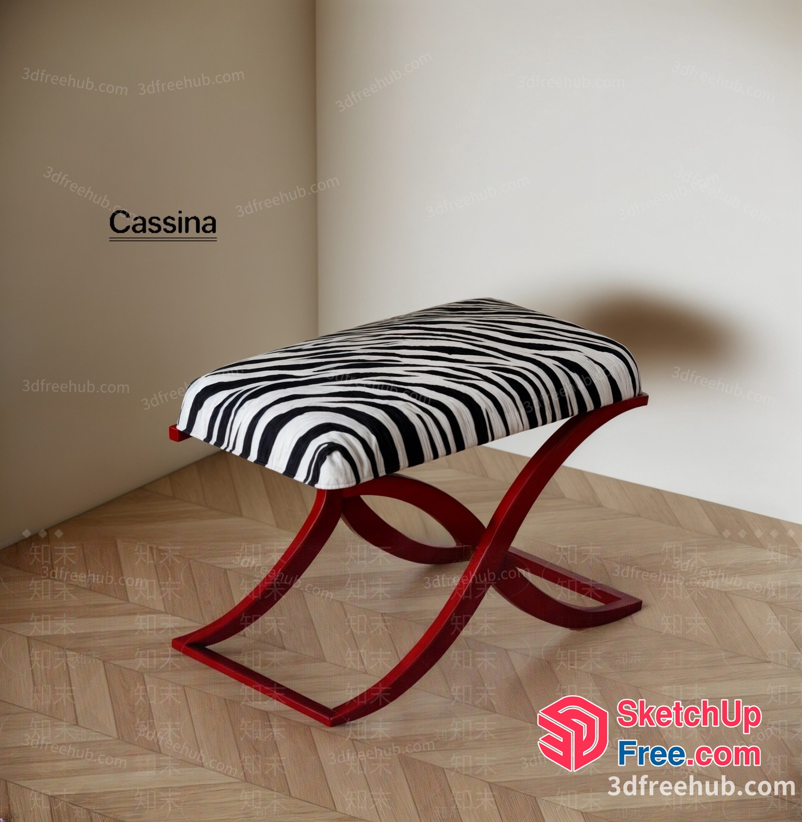 Striped Bench With Red Legs 3D SketchUp File