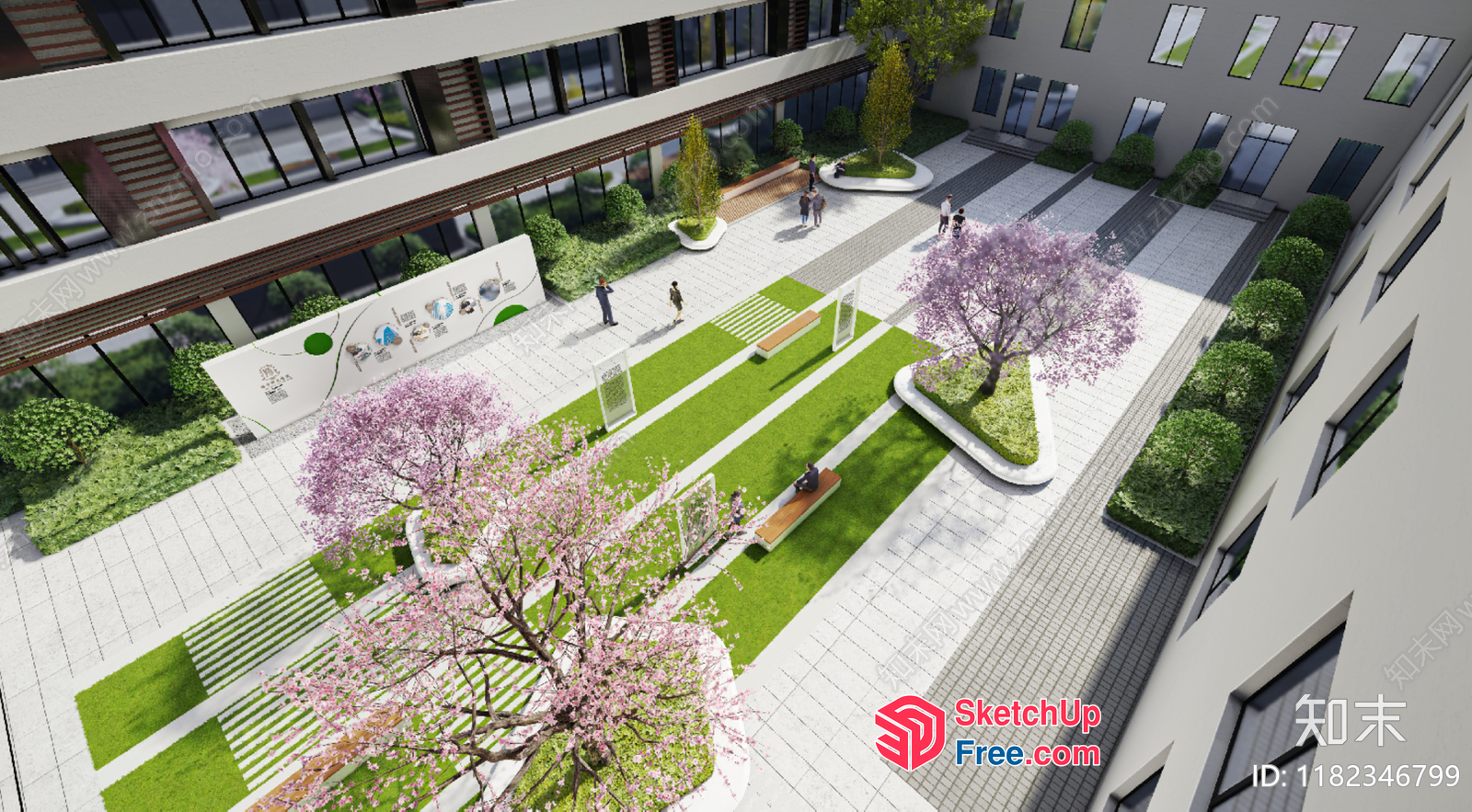 Modern Office Building With Outdoor Seating Area And Greenery 3D SketchUp File