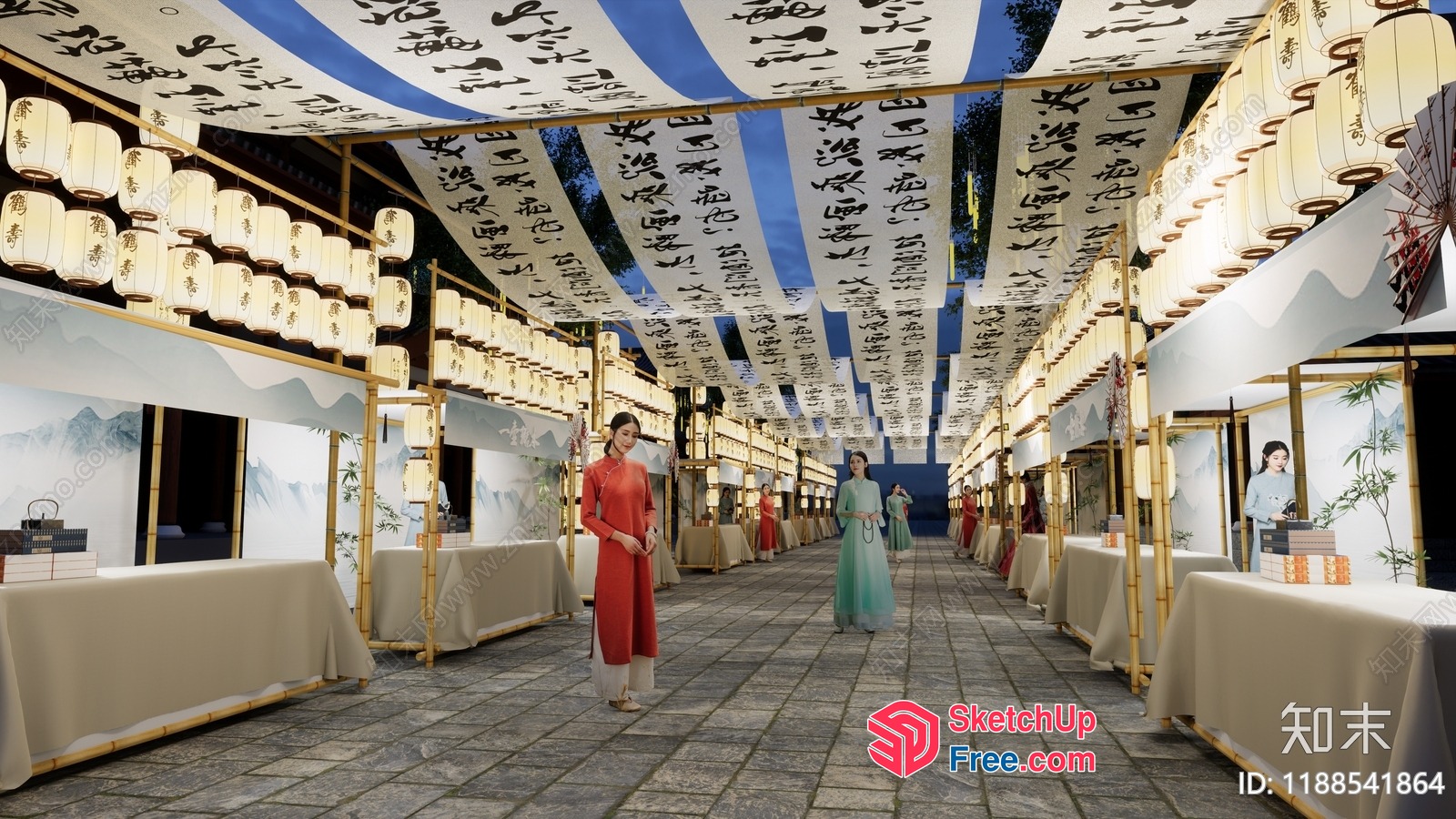 Asian-Inspired Market Scene 3D SketchUp File