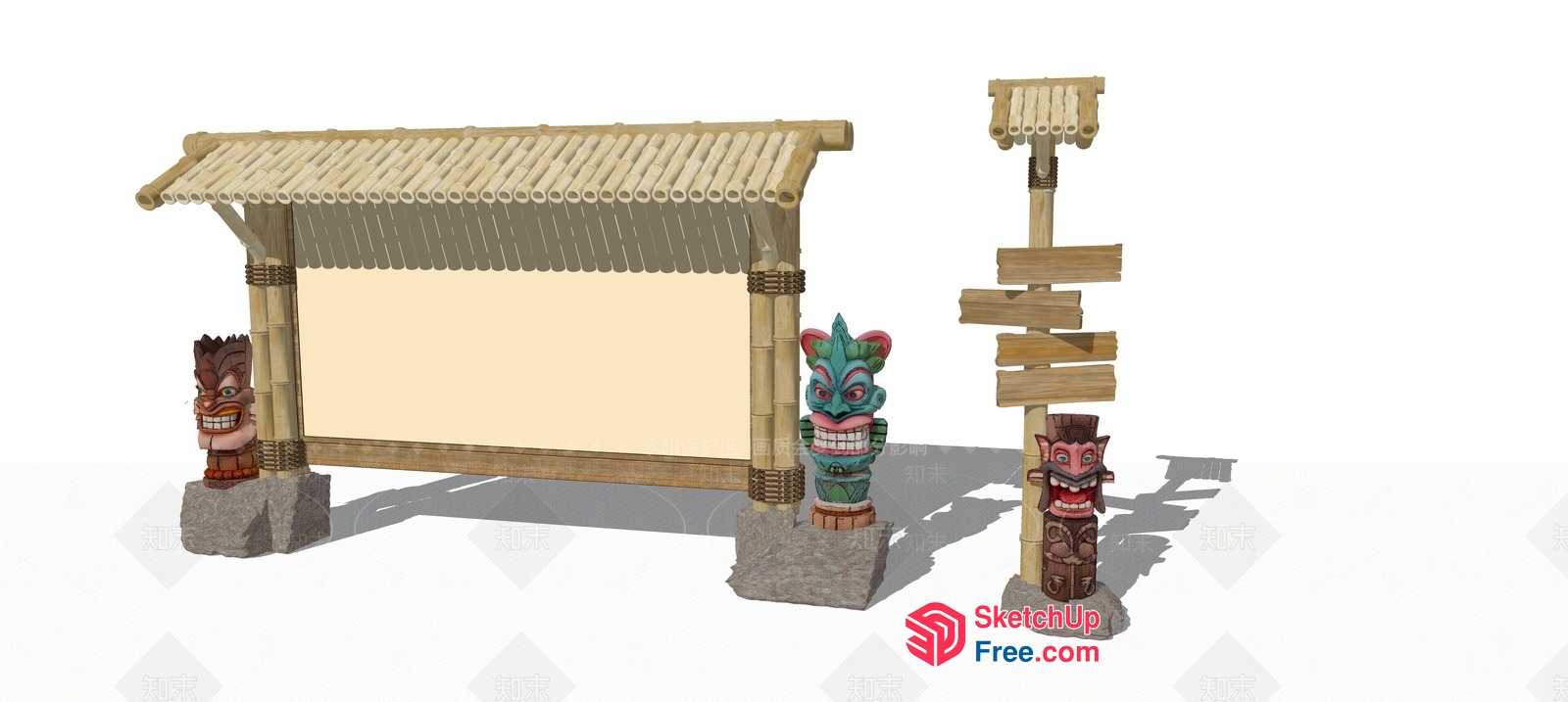 Tropical Outdoor Decor With Tiki Statues And Bamboo Structures 3D SketchUp File